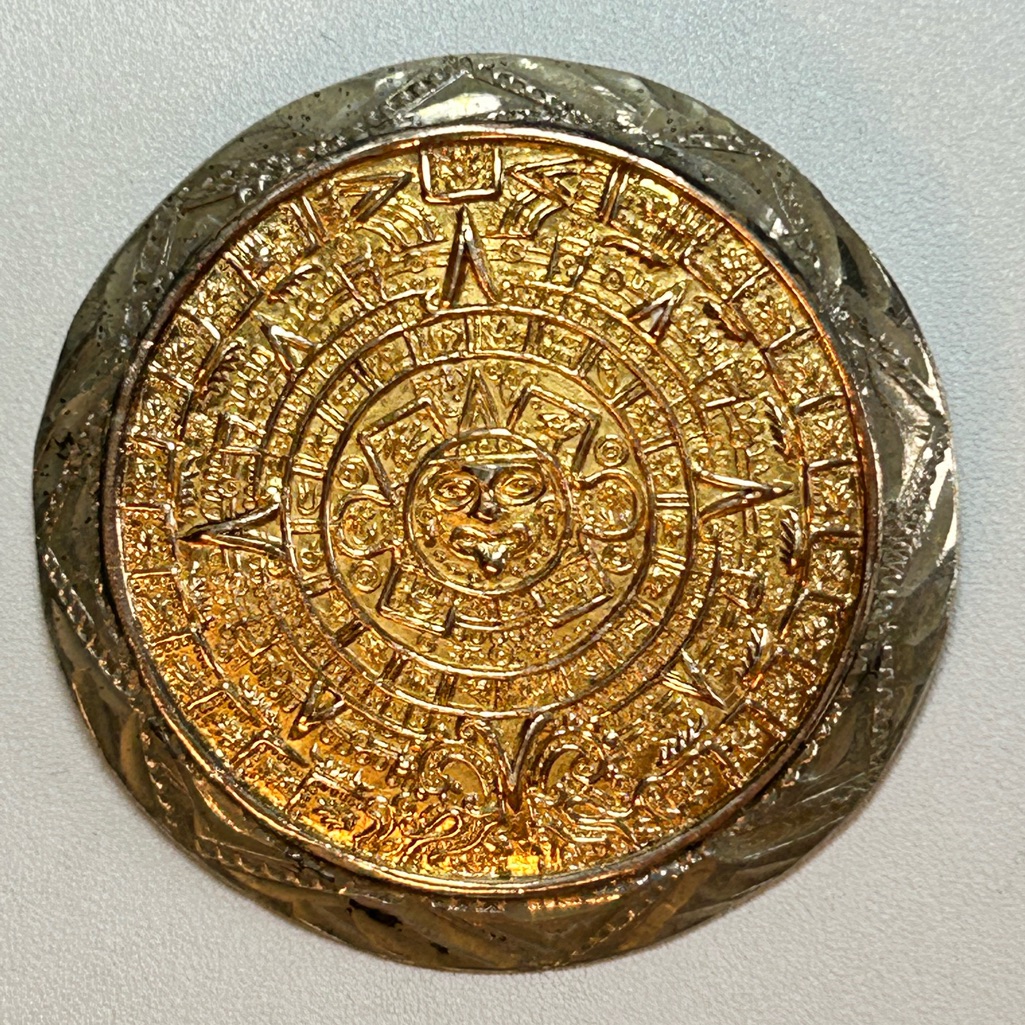 Vintage Signed Mayan Calendar Brooch Pendant Gold Sterling Silver Taxco Mexico 90$